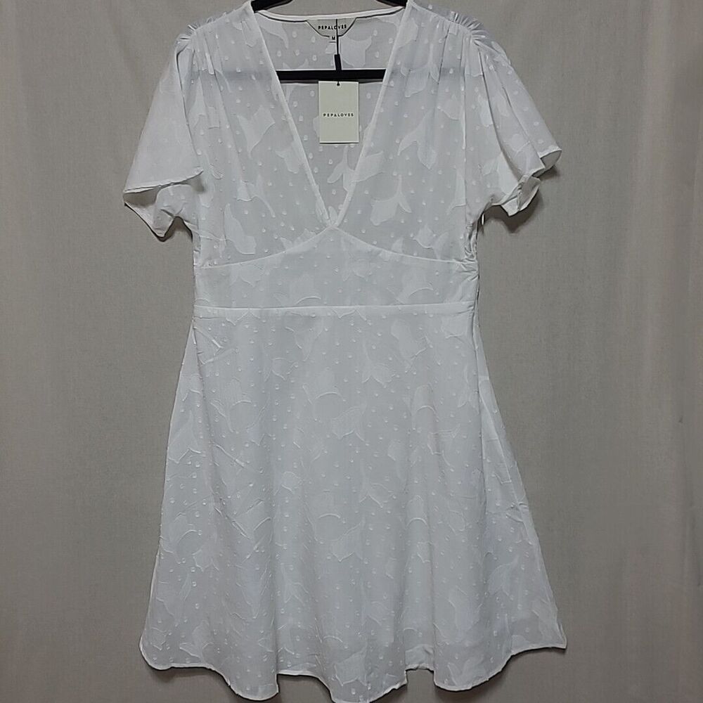 Pepaloves Agnes V Neck Midi Dress Medium White Swiss Dot Floral Anthropologie